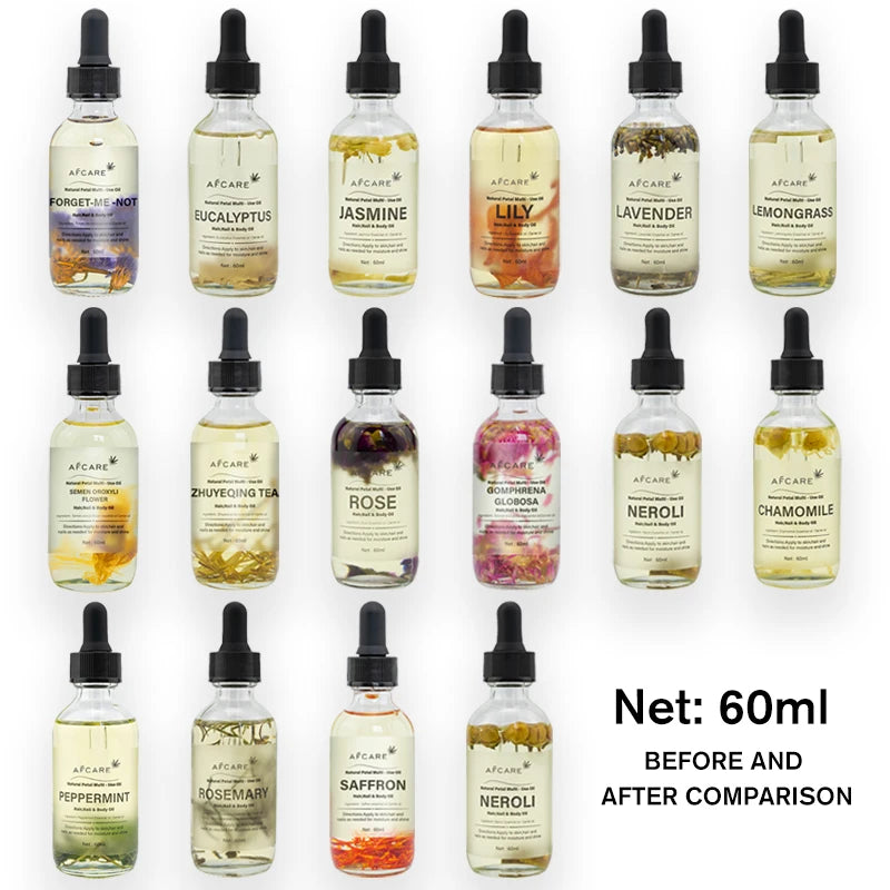 Natural Essential Oil 60ml - Dried Flower Body Massage Oil | Tea Tree, Rosemary, Lavender & Lily Scents